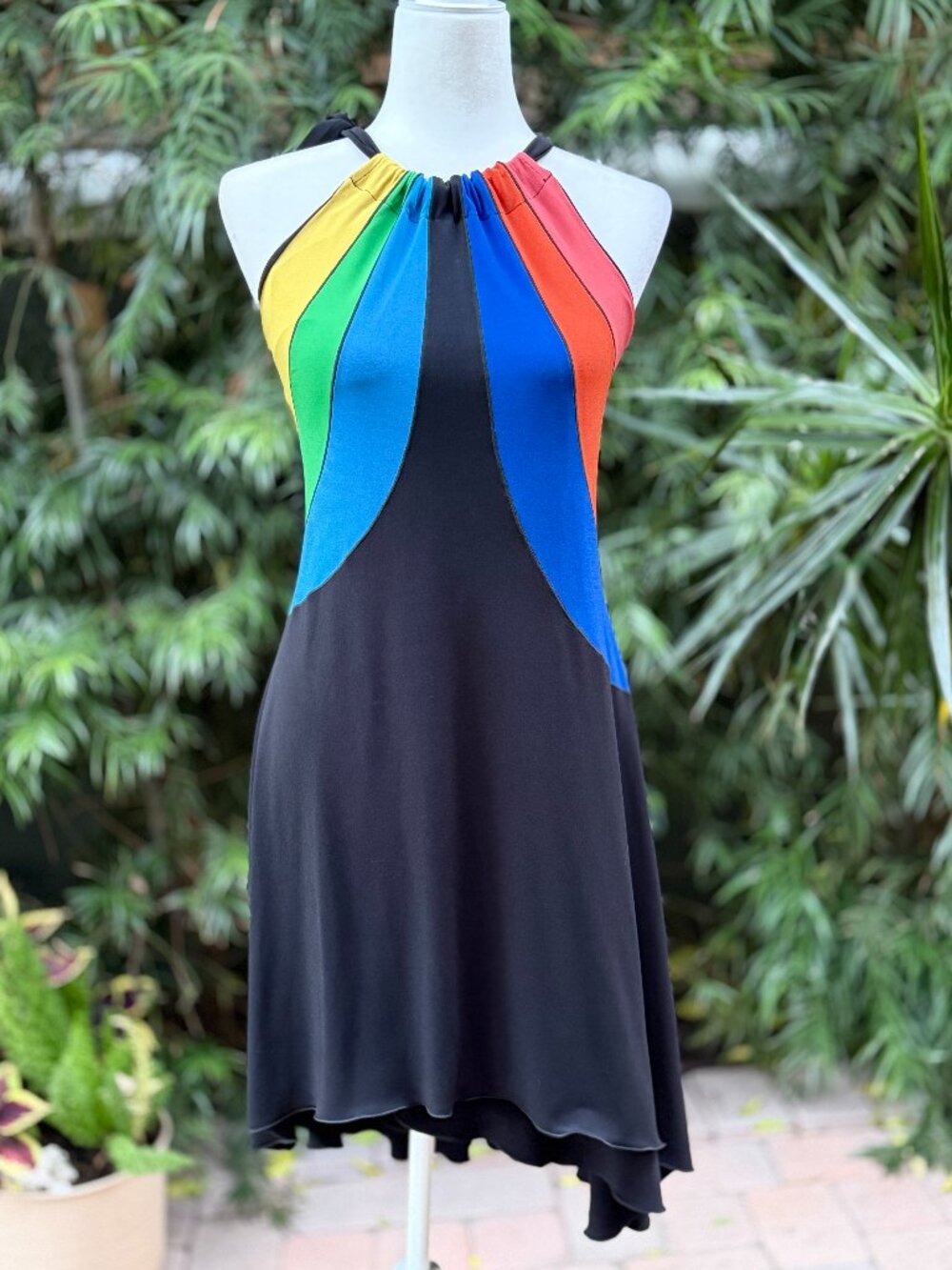 Eva Varro Rainbow Colorblock Halter Dress Black Asymmetrical Hem